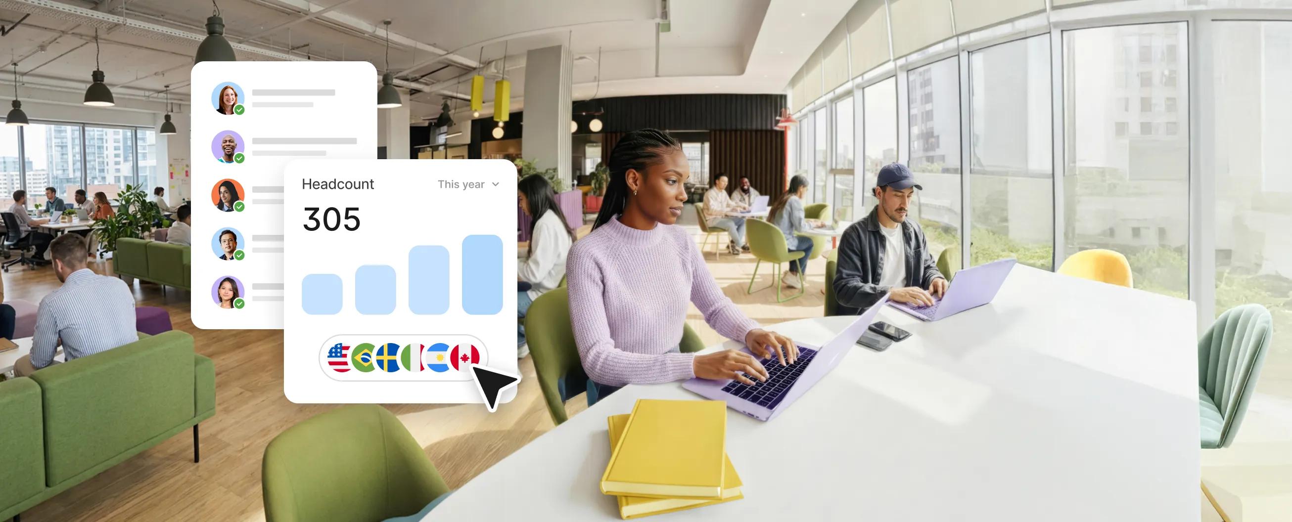 A split-view image showing professionals working in a modern, sunlit open-plan office, overlaid with HR software dashboard elements including a headcount chart, global flags, and an employee directory.