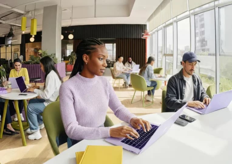 A diverse group of professionals working on laptops in a bright, modern open-plan office with large windows and a collaborative atmosphere.