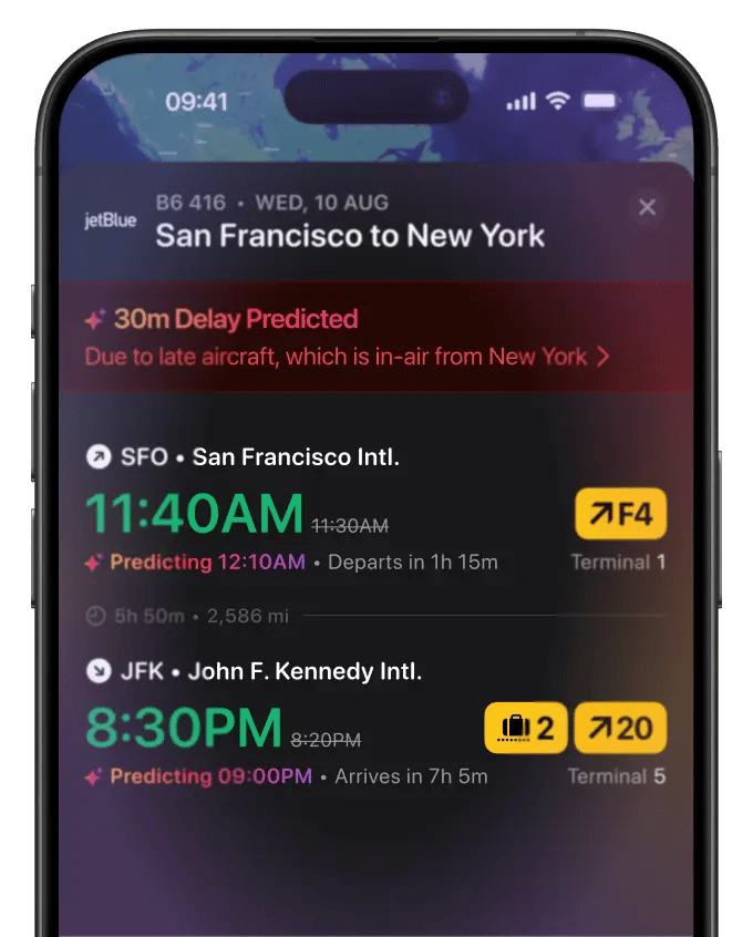Flighty app showing a jetBlue San Francisco to New York flight with an In-Delay Predicted alert