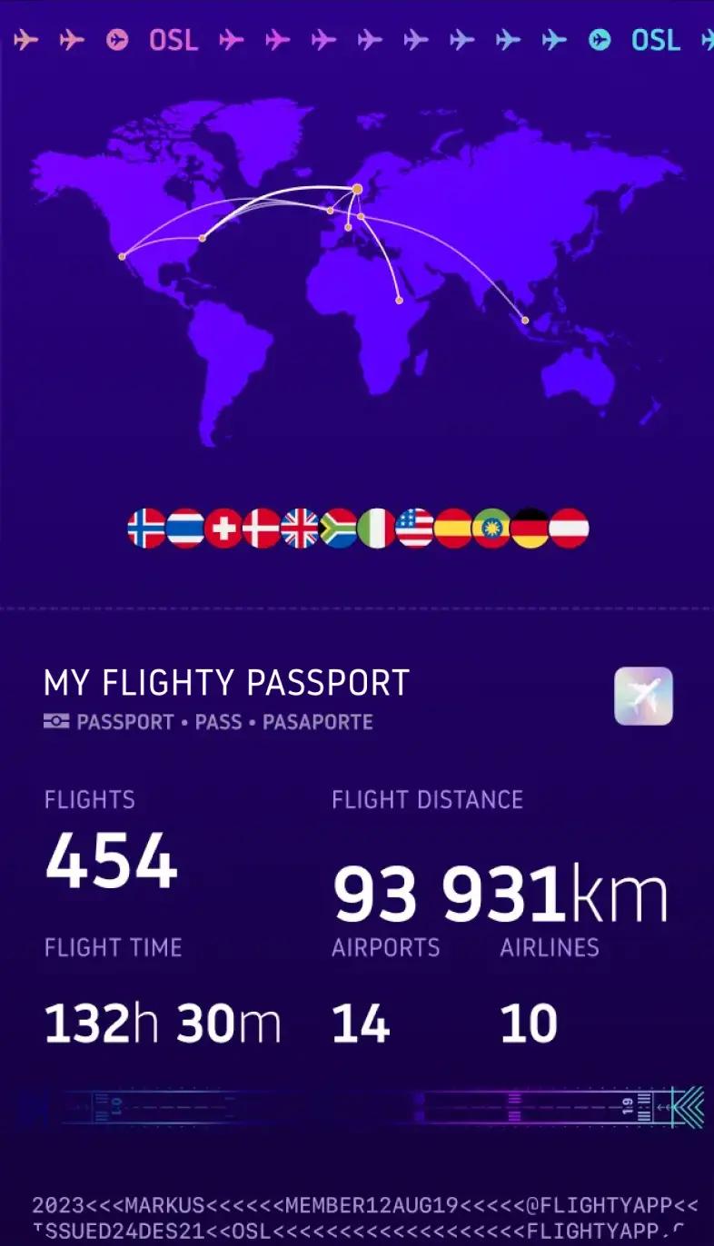 My Flighty Passport — purple world map with route lines and stats