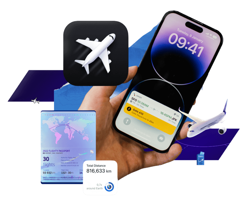 Flighty app on iPhone with a Flighty Passport and boarding pass