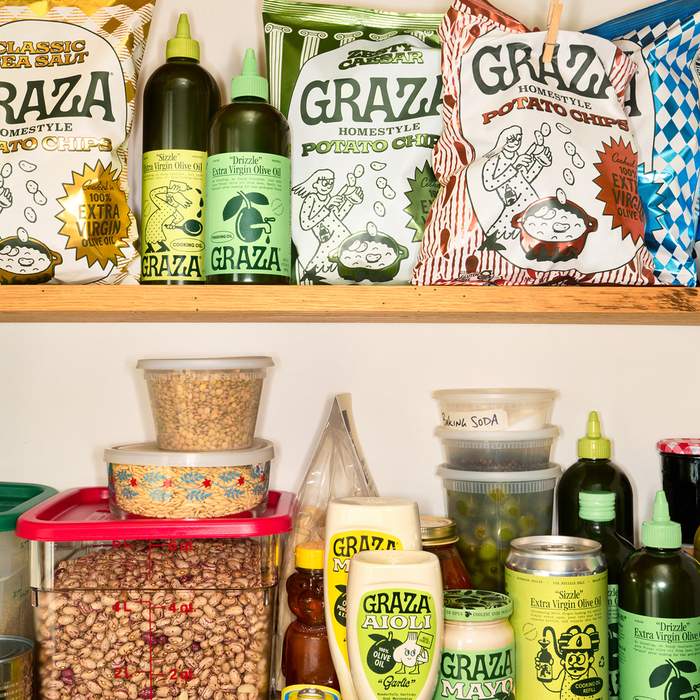 A collage of Graza olive oil moments in the kitchen