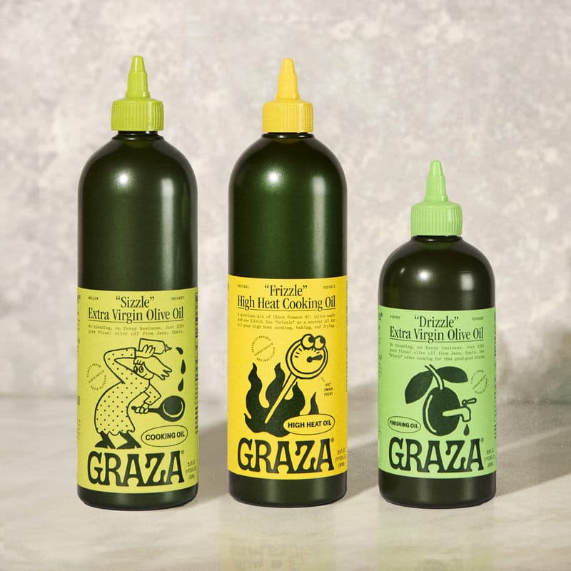 The Graza trio — Sizzle, Frizzle and Drizzle olive oil squeeze bottles