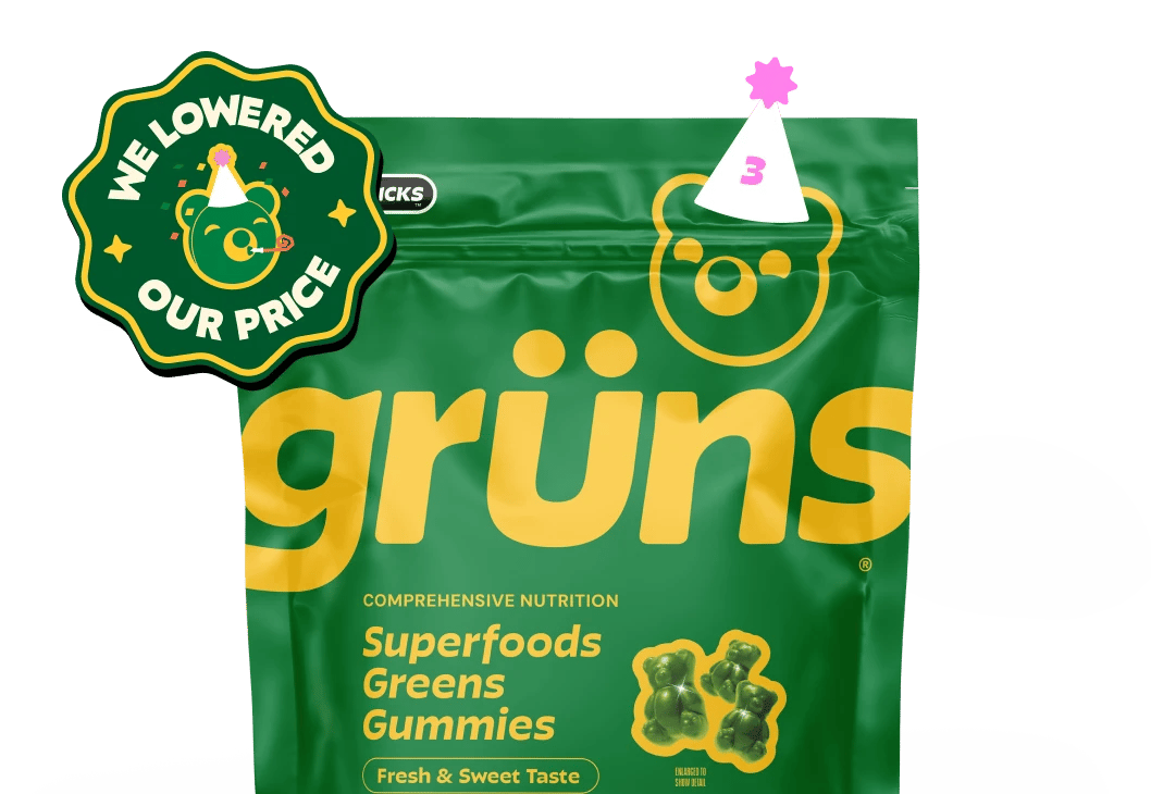 Grüns Superfoods Greens Gummies pouch with a We Lowered Our Price badge