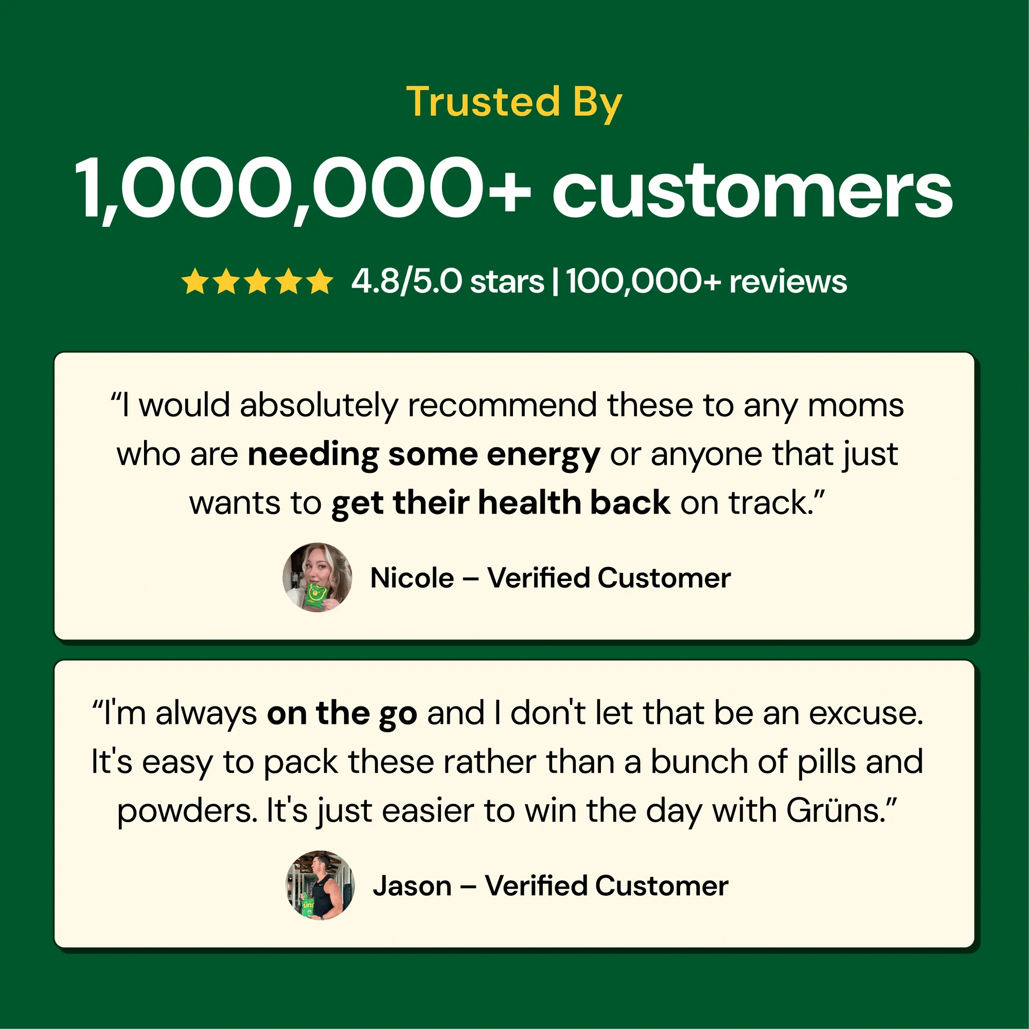Product advertisement with customer testimonials and trust metrics, over 1,000,000 customers, 4.8 stars