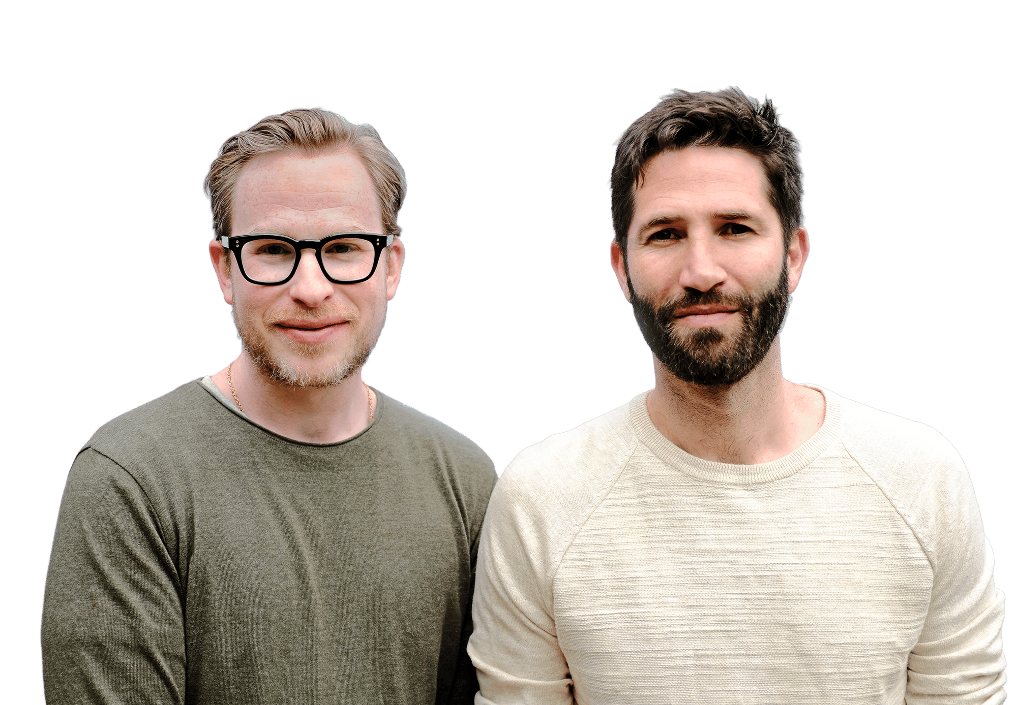 Hiya founders Adam Gillman and Darren Litt standing side by side against a light blue background