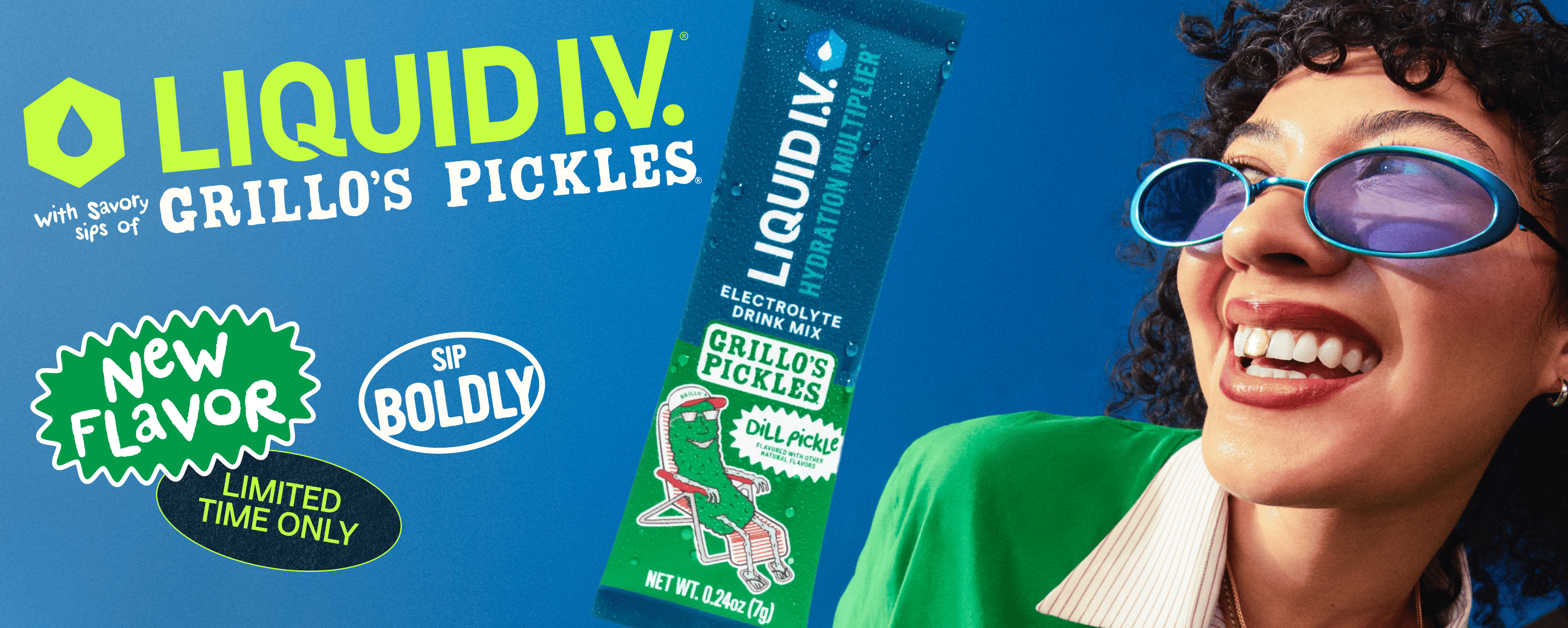 A banner promoting the limited-time only "with savory sips of GRILLO'S PICKLES" Dill Pickle Hydration Multiplier