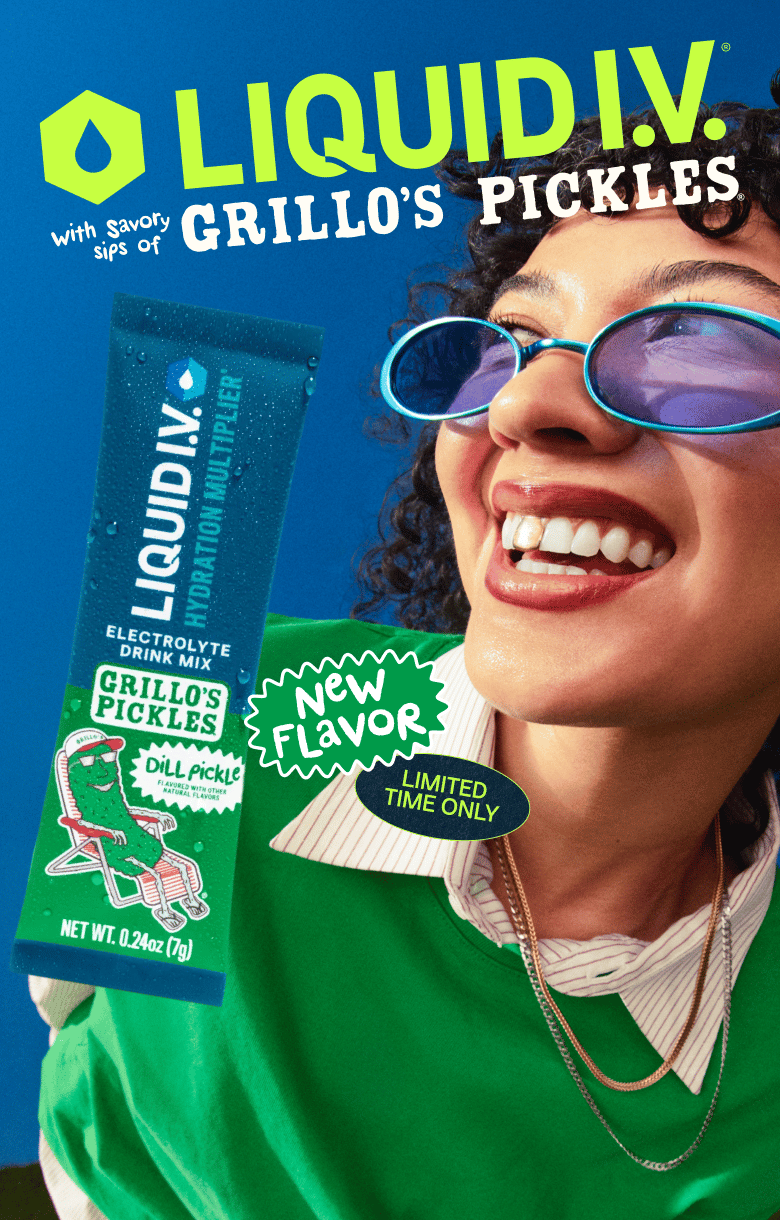 A banner promoting the limited-time only "with savory sips of GRILLO'S PICKLES" Dill Pickle Hydration Multiplier