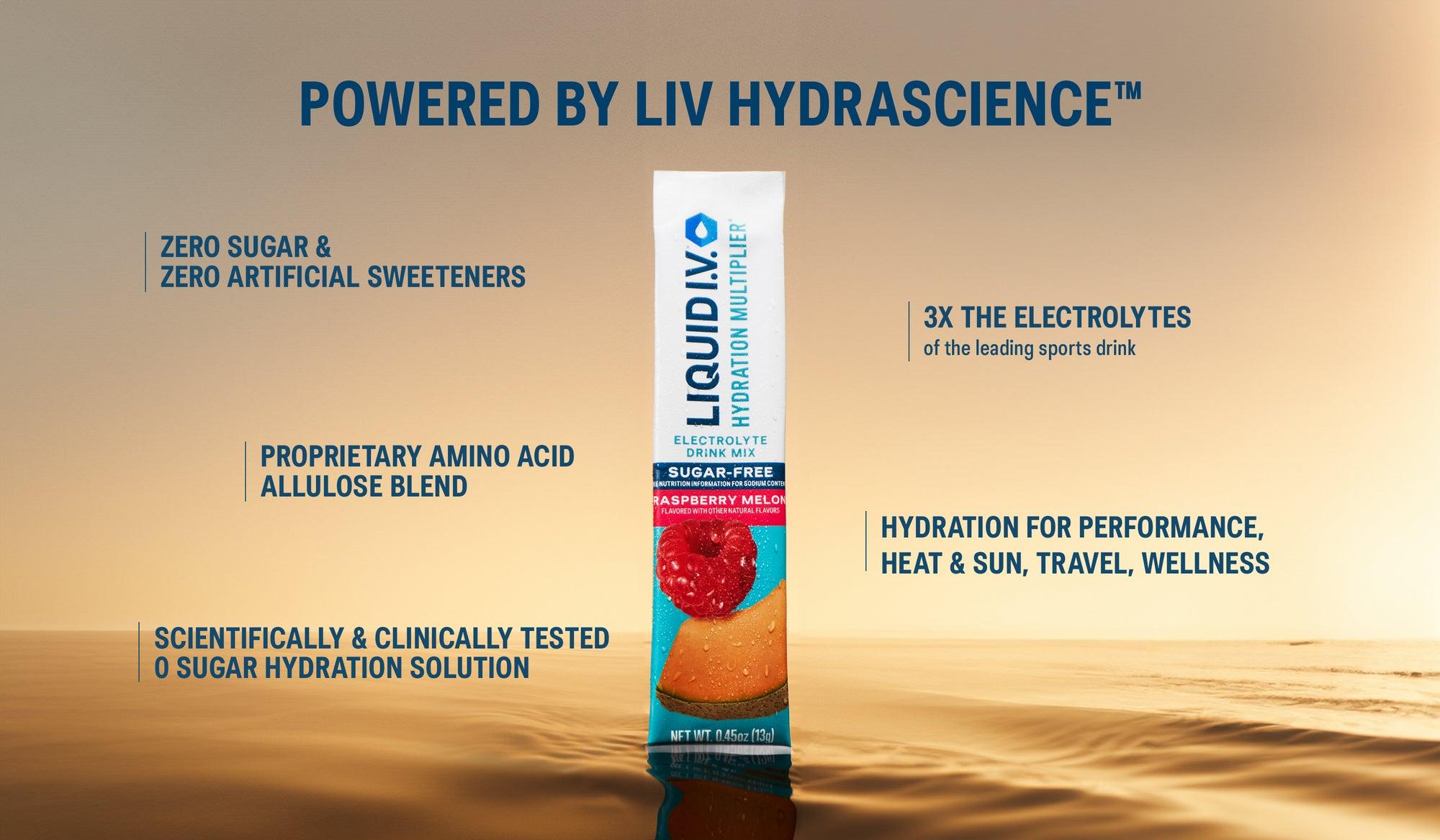 A Sugar-Free Raspberry Melon Liquid I.V. stick. The text highlights zero sugar, zero artificial sweeteners, and 3X the electrolytes of the leading sports drink