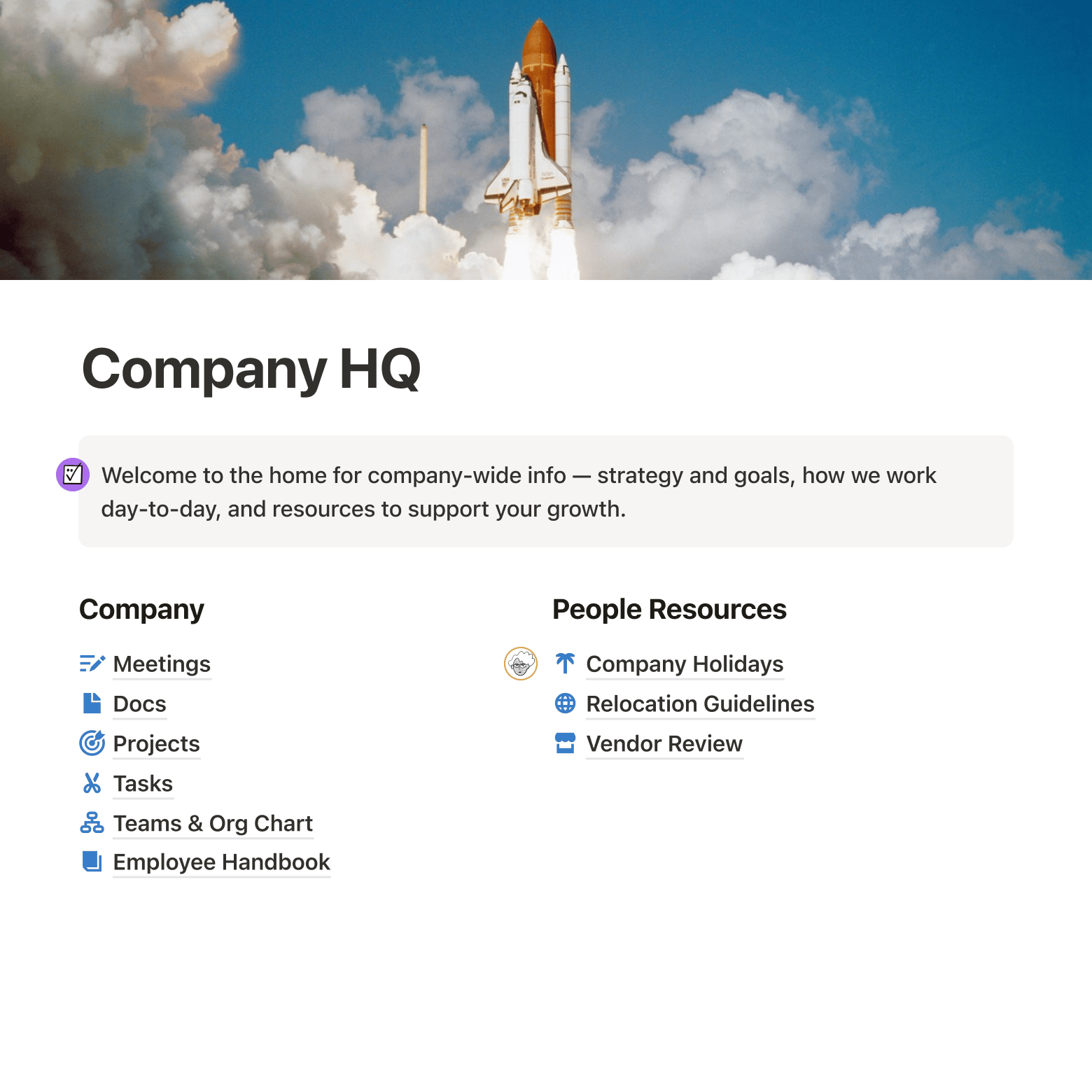Company HQ wiki with space shuttle cover