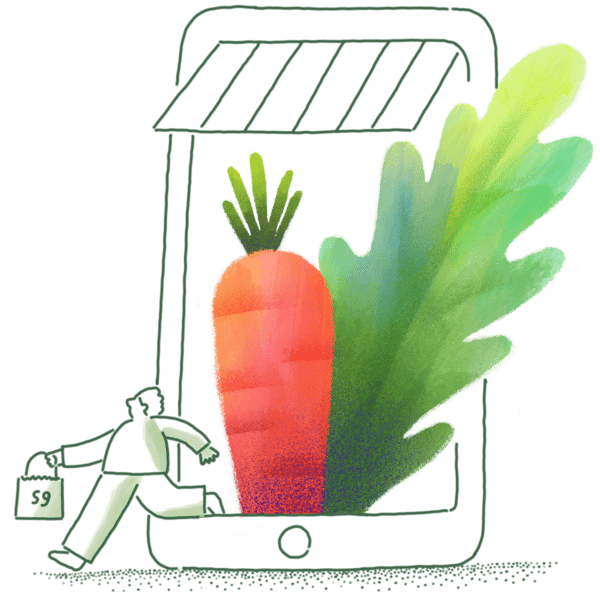 Illustration of the Sweetgreen app on a phone showing fresh vegetables, with a person walking while carrying a Sweetgreen bag