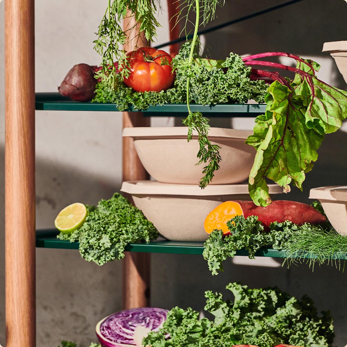 Sweetgreen for work — fresh produce on shelving