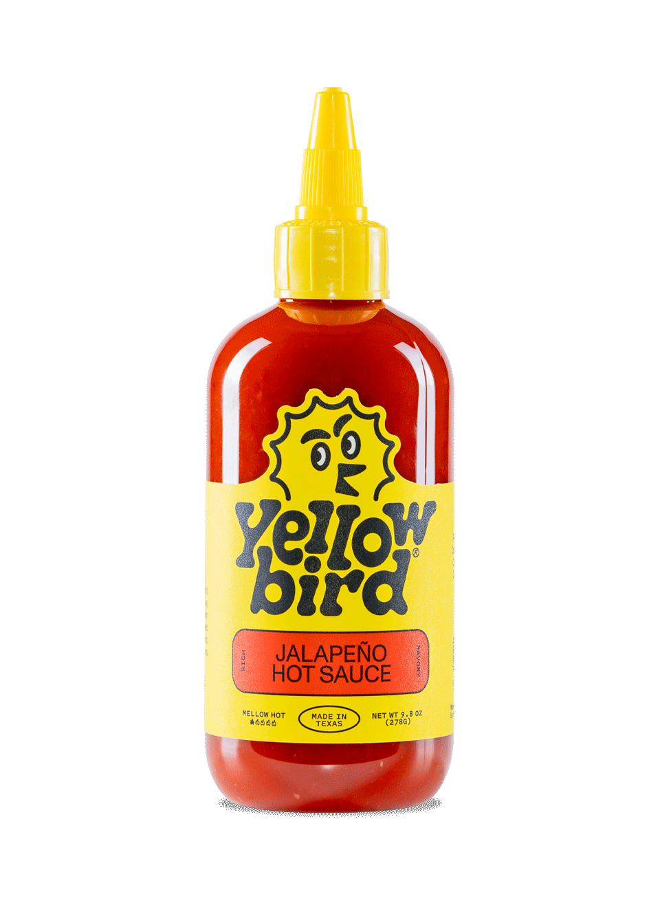 A 9.8 ounce bottle of Yellowbird Jalapeno hot sauce