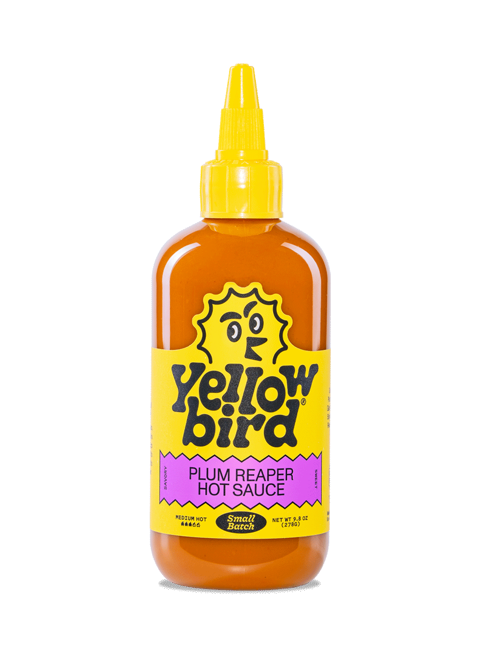 A 9.8 ounce bottle of plum reaper Yellowbird hot sauce
